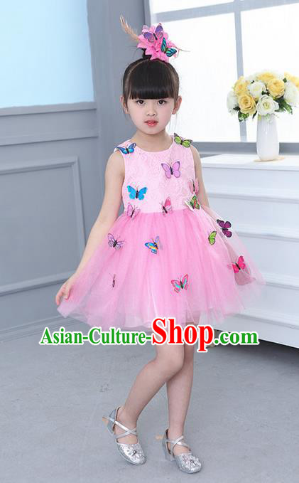 Top Grade Professional Compere Modern Dance Costume, Children Opening Dance Chorus Butterfly Uniforms Pink Bubble Dress for Girls