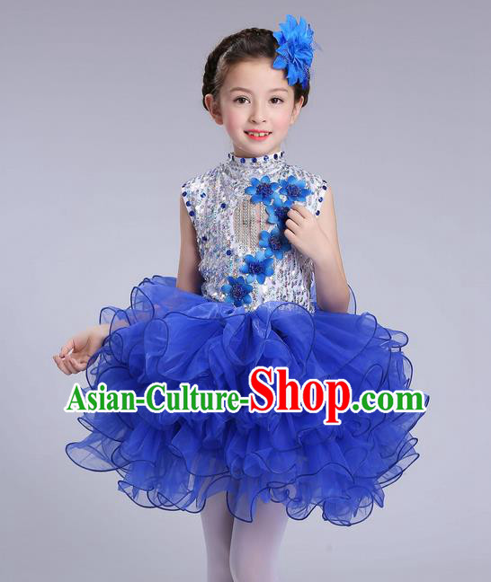 Top Grade Professional Compere Modern Dance Costume, Children Opening Dance Chorus Flowers Uniforms Princess Blue Bubble Dress for Girls