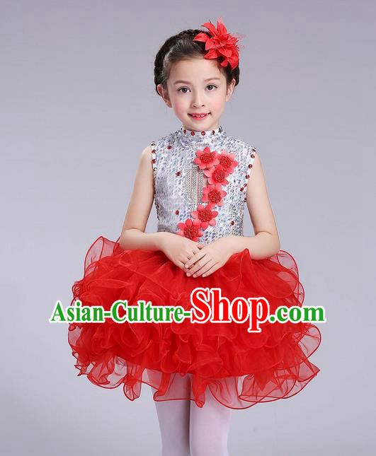 Top Grade Professional Compere Modern Dance Costume, Children Opening Dance Chorus Flowers Uniforms Princess Red Bubble Dress for Girls