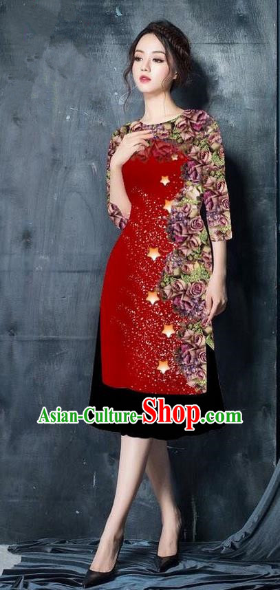 Traditional Top Grade Asian Vietnamese Costumes Classical Printing Wine Red Cheongsam, Vietnam National Vietnamese Bride Ao Dai Dress for Women