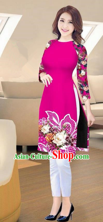 Traditional Top Grade Asian Vietnamese Costumes Classical Printing Rosy Short Cheongsam, Vietnam National Vietnamese Ao Dai Dress for Women