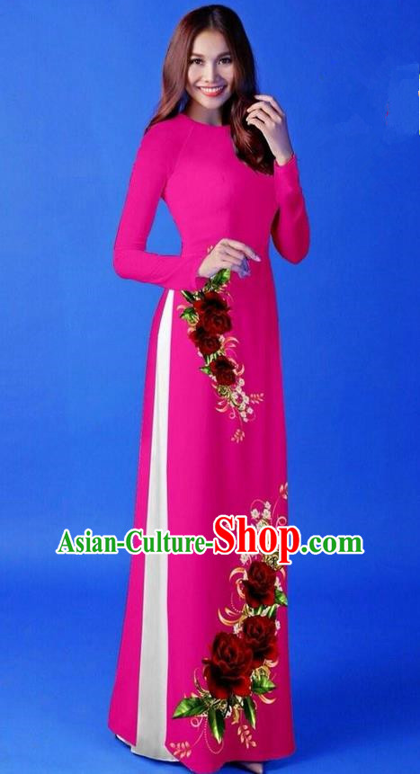 Traditional Top Grade Asian Vietnamese Costumes Classical 3D Printing Rosy Long Cheongsam, Vietnam National Vietnamese Princess Ao Dai Dress for Women