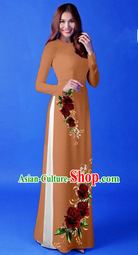 Traditional Top Grade Asian Vietnamese Costumes Classical 3D Printing Coffee Long Cheongsam, Vietnam National Vietnamese Princess Ao Dai Dress for Women