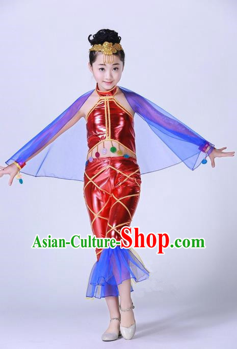 Top Grade Professional Compere Modern Dance Costume, Children Opening Dance Chorus Fish Dance Uniforms Red Clothing Complete Set for Girls