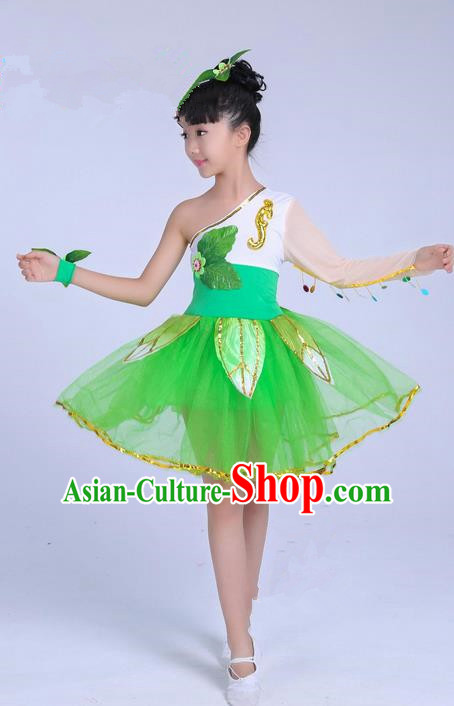 Top Grade Professional Compere Modern Dance Costume, Children Lotus Dance Folk Classical Dance Uniforms Green Dress for Girls