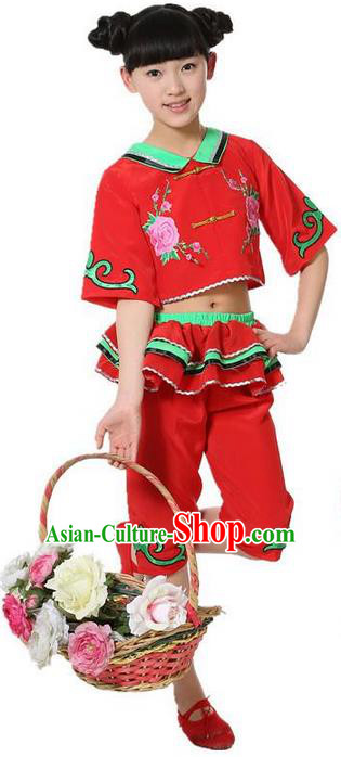 Traditional Chinese Classical Dance Yangge Fan Dancing Costume, Folk Dance Drum Dance Uniform Yangko Red Clothing for Girls