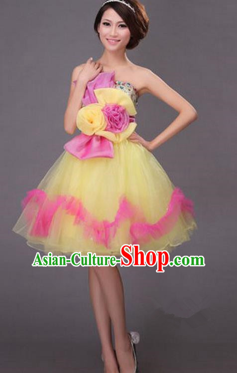 Top Grade Classic Stage Performance Chorus Singing Group Dance Costumes, Chorus Competition Costume, Compere Yellow Bubble Dress for Women