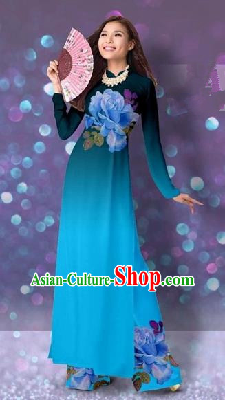 Traditional Top Grade Asian Vietnamese Costumes Classical Printing Cheongsam, Vietnam National Vietnamese Princess Blue Ao Dai Dress Dance Clothing