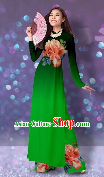 Traditional Top Grade Asian Vietnamese Costumes Classical Printing Cheongsam, Vietnam National Vietnamese Princess Deep Green Ao Dai Dress Dance Clothing