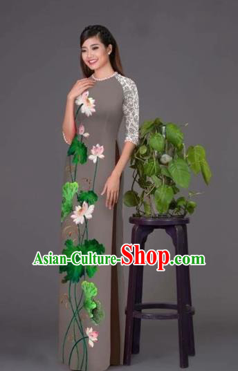 Traditional Top Grade Asian Vietnamese Costumes Classical Printing Lotus Grey Cheongsam, Vietnam National Vietnamese Princess Bride Korean Silk Ao Dai Dress