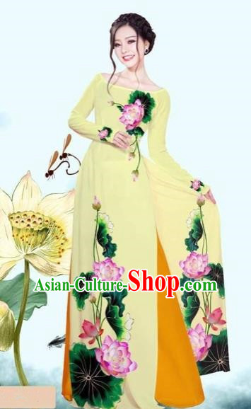 Traditional Top Grade Asian Vietnamese Costumes Classical Printing Lotus Yellow Cheongsam, Vietnam National Vietnamese Princess Bride Off Shoulder Ao Dai Dress