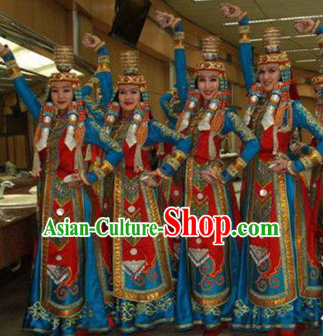 Traditional Chinese Mongol Nationality Dancing Costume, Mongols Female Folk Dance Ethnic Pleated Dress, Chinese Mongolian Minority Nationality Embroidery Clothing for Women