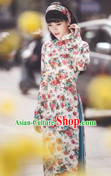 Traditional Top Grade Asian Vietnamese Costumes Classical Printing Cheongsam, Vietnam National Vietnamese Princess Bride Ao Dai Dress Dance Clothing