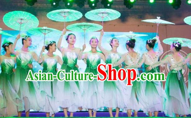 Traditional Chinese Modern Dancing Costume, Women Opening Classic Chorus Singing Group Dance Flowers Costume, Umbrella Dance Green Dress for Women
