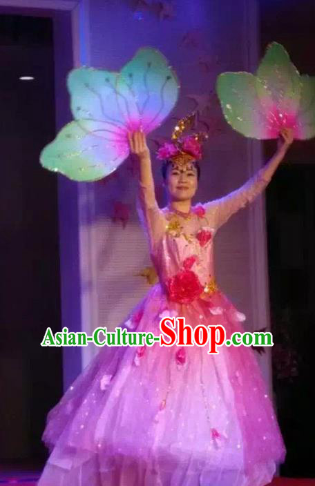 Traditional Chinese Modern Dancing Costume, Women Opening Classic Chorus Singing Group Dance Flowers Costume, Umbrella Dance Pink Bubble Dress for Women