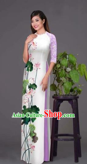 Traditional Top Grade Asian Vietnamese Costumes Classical Printing Lotus White Cheongsam, Vietnam National Vietnamese Princess Bride Korean Silk Ao Dai Dress