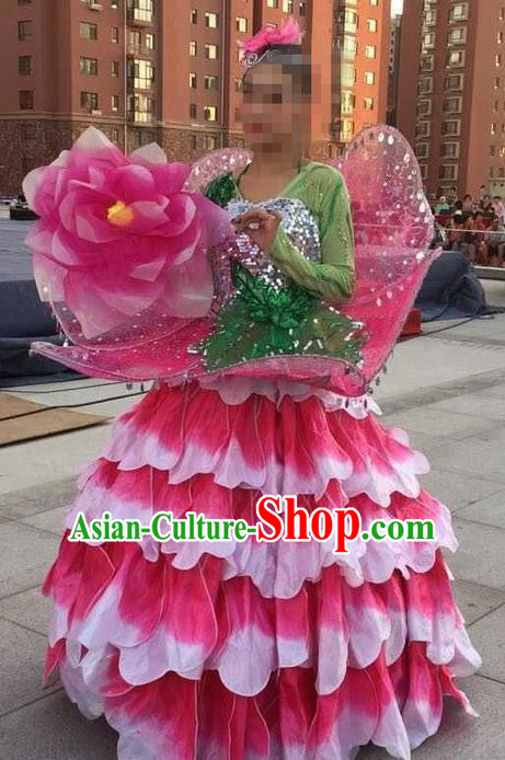 Traditional Chinese Modern Dancing Costume, Women Opening Classic Chorus Peony Flowers Dance Costume, Folk Dance Modern Dance Long Dress for Women