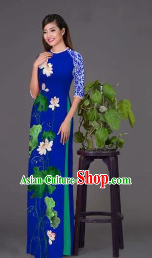 Traditional Top Grade Asian Vietnamese Costumes Classical Printing Lotus Royalblue Cheongsam, Vietnam National Vietnamese Princess Bride Korean Silk Ao Dai Dress