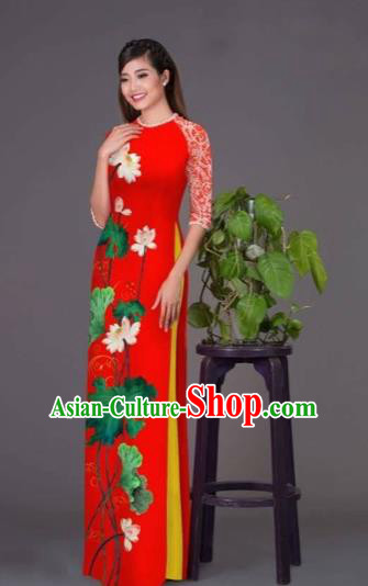 Traditional Top Grade Asian Vietnamese Costumes Classical Printing Lotus Red Cheongsam, Vietnam National Vietnamese Princess Bride Korean Silk Ao Dai Dress