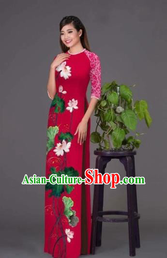 Traditional Top Grade Asian Vietnamese Costumes Classical Printing Lotus Wine Red Cheongsam, Vietnam National Vietnamese Princess Bride Korean Silk Ao Dai Dress