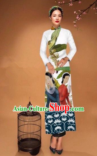 Traditional Top Grade Asian Vietnamese Costumes Classical Printing Cheongsam, Vietnam National Vietnamese Bride White Ao Dai Dress Tang Suit Clothing