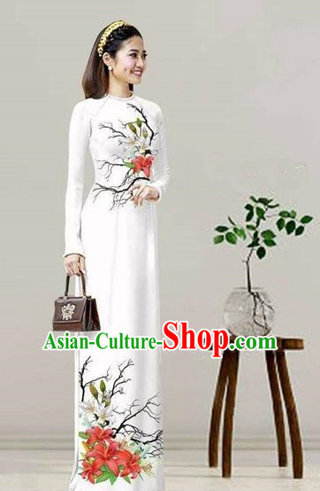 Traditional Top Grade Asian Vietnamese Costumes Classical Printing White Cheongsam, Vietnam National Vietnamese Bride Ao Dai Dress