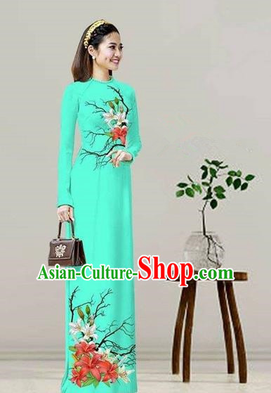 Traditional Top Grade Asian Vietnamese Costumes Classical Printing Viridis Cheongsam, Vietnam National Vietnamese Bride Ao Dai Dress