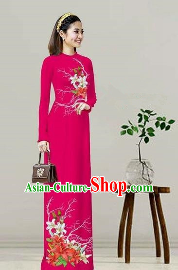 Traditional Top Grade Asian Vietnamese Costumes Classical Printing Rosy Cheongsam, Vietnam National Vietnamese Bride Ao Dai Dress