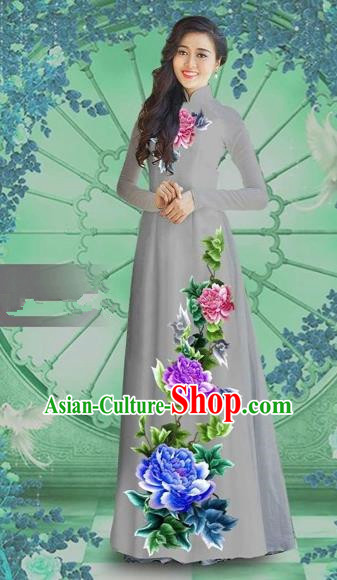 Traditional Top Grade Asian Vietnamese Costumes Classical Printing Grey Chiffon Cheongsam, Vietnam National Vietnamese Bride Ao Dai Dress