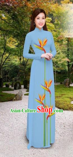 Traditional Top Grade Asian Vietnamese Costumes Classical Printing Long Cheongsam, Vietnam National Vietnamese Princess Bride Blue Ao Dai Dress