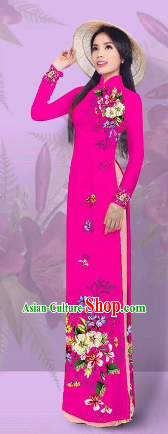 Top Grade Asian Vietnamese Costumes Classical Jing Nationality Printing Rosy Cheongsam, Vietnam National Vietnamese Traditional Princess Ao Dai Dress for Women