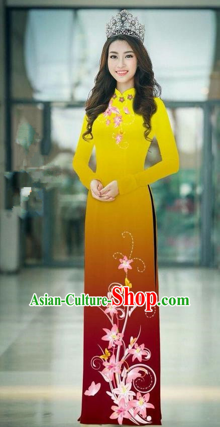 Top Grade Asian Vietnamese Costumes Classical Jing Nationality Printing Handmade Yellow Cheongsam, Vietnam National Vietnamese Traditional Princess Ao Dai Dress