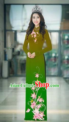 Top Grade Asian Vietnamese Costumes Classical Jing Nationality Printing Handmade Light Green Cheongsam, Vietnam National Vietnamese Traditional Princess Ao Dai Dress