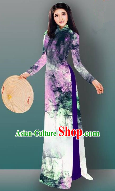 Top Grade Asian Vietnamese Costumes Classical Jing Nationality Gradient Watercolor Printing Cheongsam, Vietnam National Vietnamese Traditional Princess Ao Dai Dress for Women