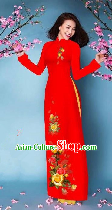 Top Grade Asian Vietnamese Costumes Classical Jing Nationality Printing Handmade Red Cheongsam, Vietnam National Vietnamese Bride Traditional Princess Ao Dai Dress