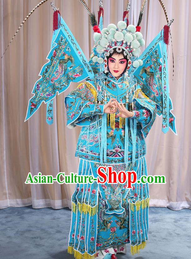 Traditional Chinese Beijing Opera Magic Warriors Blue Clothing and Shoes Complete Set, China Peking Opera Blues Costume Embroidered Robe Opera Costumes
