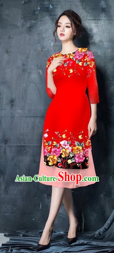 Top Grade Asian Vietnamese Costumes Classical Jing Nationality Short Cheongsam, Vietnam National Vietnamese Bride Traditional Princess Red Ao Dai Dress