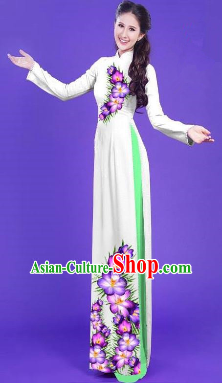 Top Grade Asian Vietnamese Costumes Classical Jing Nationality Long Printing Flowers Cheongsam, Vietnam National Vietnamese Bride Traditional Princess White Ao Dai Dress