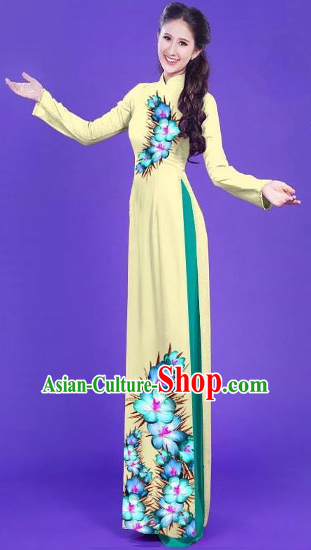 Top Grade Asian Vietnamese Costumes Classical Jing Nationality Long Printing Flowers Cheongsam, Vietnam National Vietnamese Bride Traditional Princess Light Yellow Ao Dai Dress