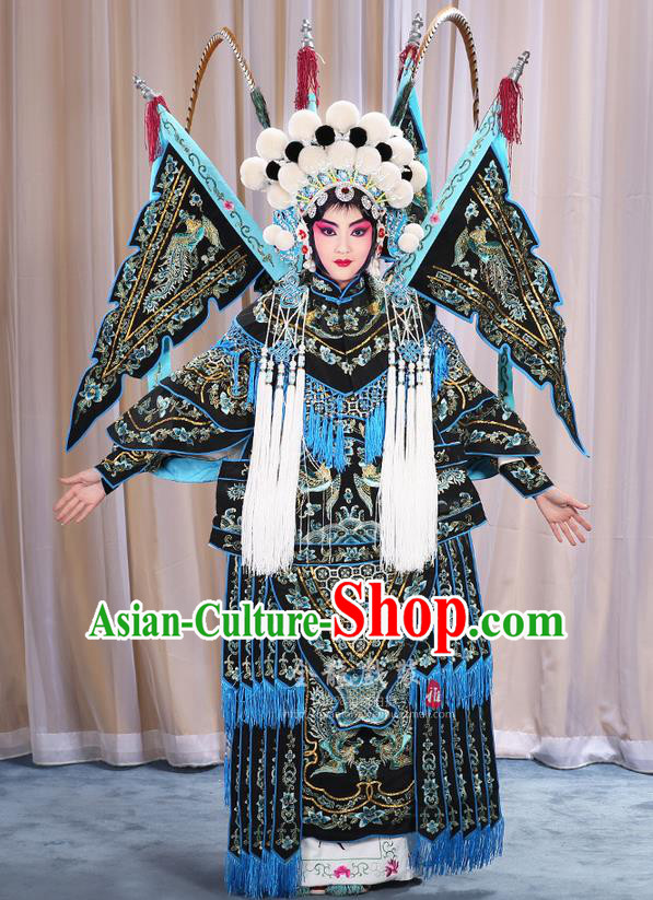 Traditional Chinese Beijing Opera Magic Warriors Black Mu Guiying Clothing and Shoes Complete Set, China Peking Opera Blues Costume Embroidered Robe Opera Costumes