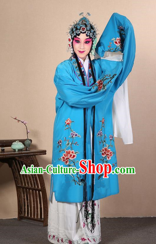 Traditional Chinese Beijing Opera Huangmei Opera Female Sky Blue Clothing and Headwear Complete Set, China Peking Opera Diva Role Hua Tan Costume Embroidered Opera Costumes