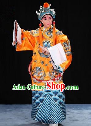 Traditional Chinese Beijing Opera Male Bright Yellow Clothing and Belts Complete Set, China Peking Opera His Royal Highness Costume Embroidered Robe Opera Costumes