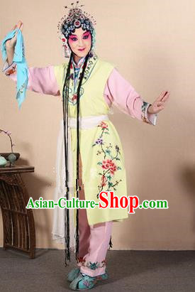 Traditional Chinese Beijing Opera Shaoxing Opera Young Female Yellow Vest Clothing Complete Set, China Peking Opera Diva Role Hua Tan Costume Embroidered Opera Costumes