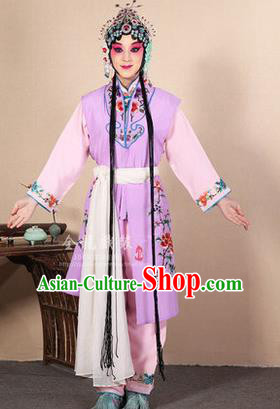 Traditional Chinese Beijing Opera Shaoxing Opera Young Female Purple Vest Clothing Complete Set, China Peking Opera Diva Role Hua Tan Costume Embroidered Opera Costumes