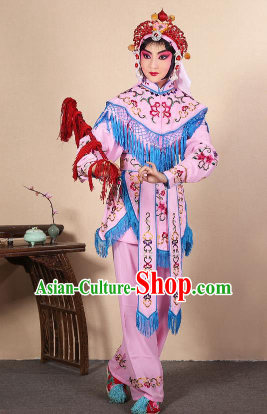 Traditional Chinese Beijing Opera Shaoxing Opera Magic Warriors Pink Clothing and Shoes Complete Set, China Peking Opera Women Pawn Dress Costume Embroidered Opera Costumes