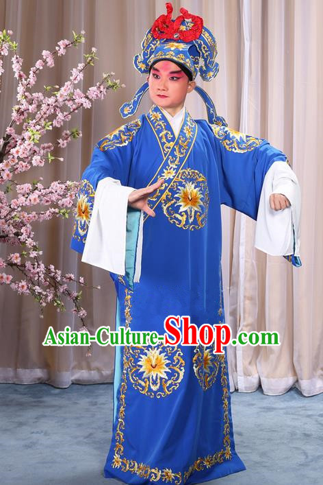 Traditional Chinese Beijing Opera Takefu Blue Clothing Complete Set, China Peking Opera Martial General Role Costume Embroidered Opera Costumes