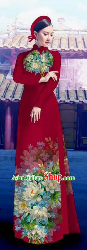 Top Grade Asian Vietnamese Costumes Classical Jing Nationality Long Wine Red Cheongsam, Vietnam National Clothing Vietnamese Bride Traditional Printing Flowers Ao Dai Dress