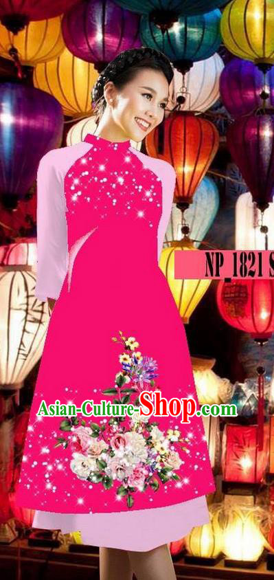 Top Grade Asian Vietnamese Costumes Classical Jing Nationality Pink Cheongsam, Vietnam National Clothing Vietnamese Bride Traditional Printing Ao Dai Dress