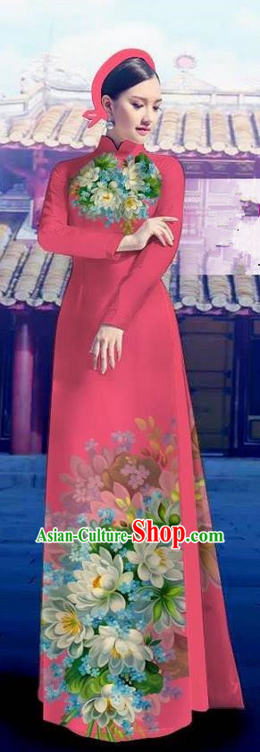 Top Grade Asian Vietnamese Costumes Classical Jing Nationality Long Pink Cheongsam, Vietnam National Clothing Vietnamese Bride Traditional Printing Flowers Ao Dai Dress