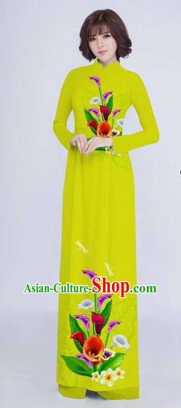 Top Grade Asian Vietnamese Costumes Classical Jing Nationality Long Cheongsam, Vietnam National Clothing Vietnamese Bride Traditional Printing Flowers Green Ao Dai Dress